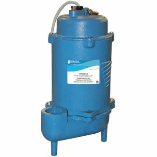 Blue vertical industrial pump/compressor with top inlet pipe and side outlet, mounted on a small base.