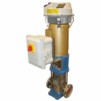 Vertical industrial pump with motor, control box, and flanged bases on a blue frame.