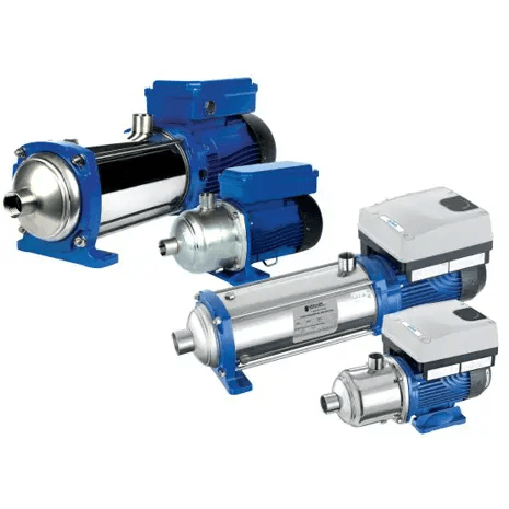 Goulds_e-hm_e-hme_group | Southern Water Service Group of compact horizontal centrifugal pumps with blue motors and silver pump housings, shown from various angles.