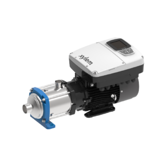 Industrial pump with silver motor and blue flange, mounted on a black base, used to move liquids.