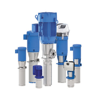 Group of blue and silver vertical multistage pumps of varying sizes arranged together.