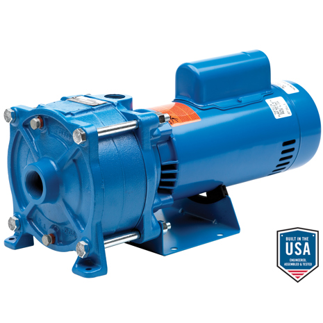 Goulds_hsc-centrifugal-pumps | Southern Water Service Blue industrial centrifugal pump with electric motor and mounting base, showing inlet/outlet flanges; Built in USA emblem.