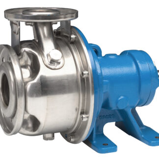 Close-up of a blue industrial pump with a polished stainless steel impeller housing and mounting feet.