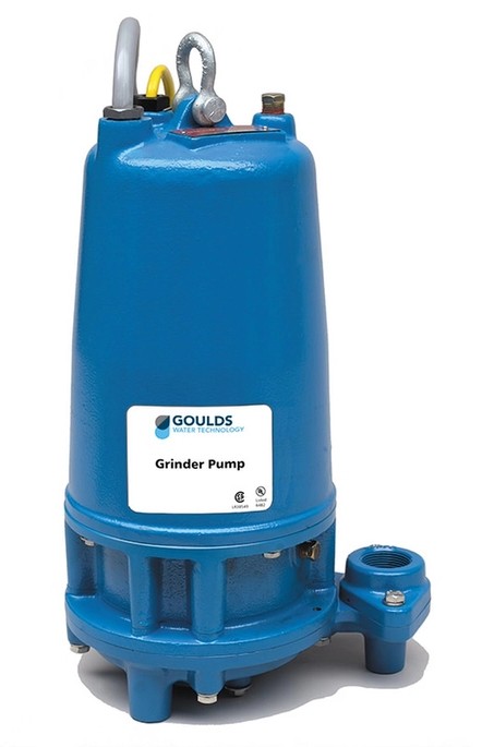 Goulds_1GD | Southern Water Service Blue Goulds grinder pump for wastewater, featuring mounting flange and lifting handle (submersible)