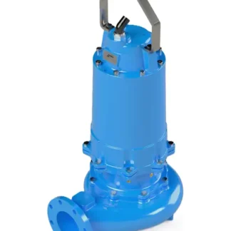 Blue industrial submersible pump with vertical discharge and lifting handle, shown from side.