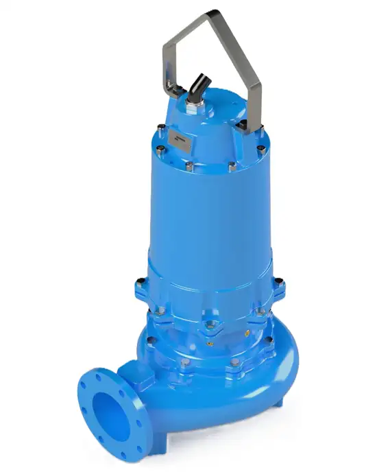 K6VBX | Southern Water Service Blue industrial submersible pump with vertical discharge and lifting handle, shown from side.